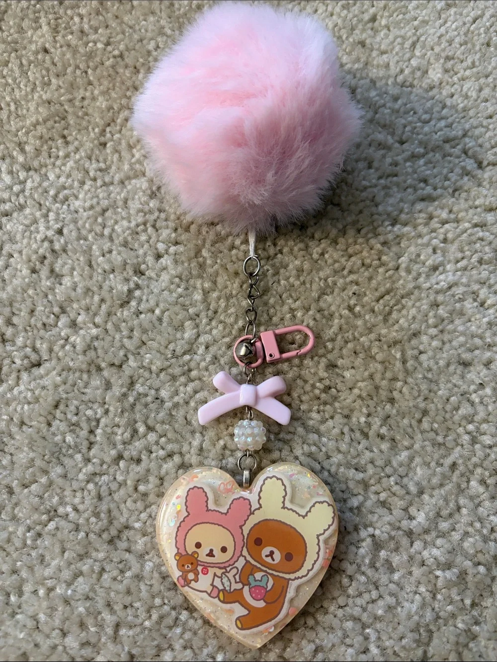 Pink Pom Pom Heart Shaped Resin Keychain with Cute Bears